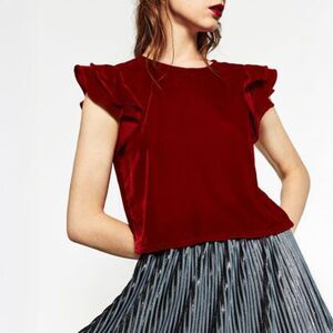 Zara Ruby Red Velour Ruffled Sleeve Semi-cropped Top